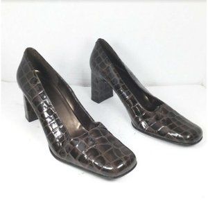 Bandolino Women's Leather Heels Croc Print Slip On Heels Brown Size 8
